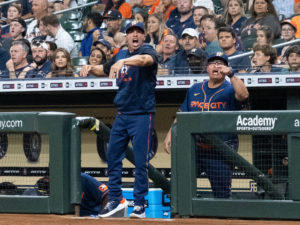 Houston Astros outfielder Yordan Alvarez, flanked by Astros general Manager James Click and a Spanish translator, announced a 6-year, $115 million contract extension that keeps the young Cuban slugger an Astro through 2028, at a Minute Maid Park news conf