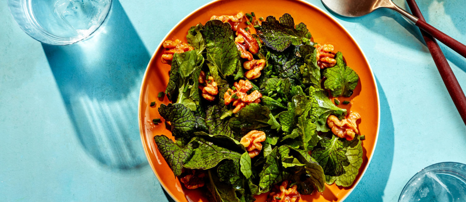 Bowery Farming’s Mustard Frills variety is dressed with caramelized onion and walnut relish.