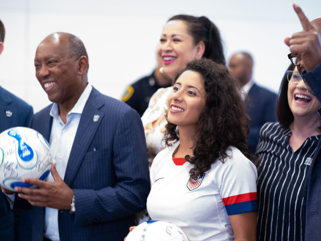 Houston Mayor Sylvester Turner and Harris County Judge Lina Hidalgo basked in Houston earning the World Cup nod.  (Photo F. Carter Smith)