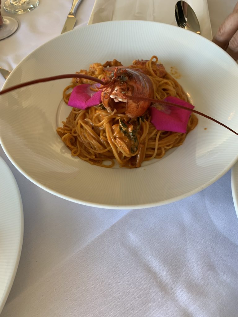 Spaghetti Harry’s Bar, inspired by the famed dish the couple enjoyed in Venice, in which strands of linguine cradle chunks of lobster meat enrobed in a brandy-spiked Pomodoro sauce redolent of lobster stock ($38). (Photo by Laurann Claridge)