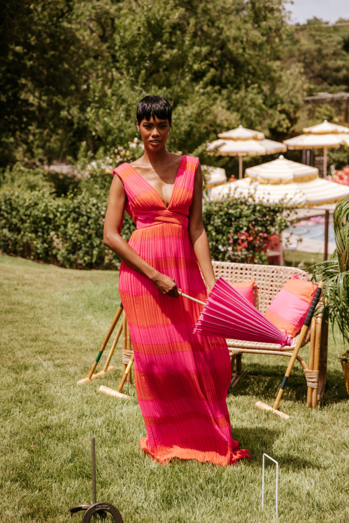 A model wearing a look from the Brandon Maxwell spring 2023 collection at the Commodore Perry Estate. (Photo by Kristen Kilpatrick)