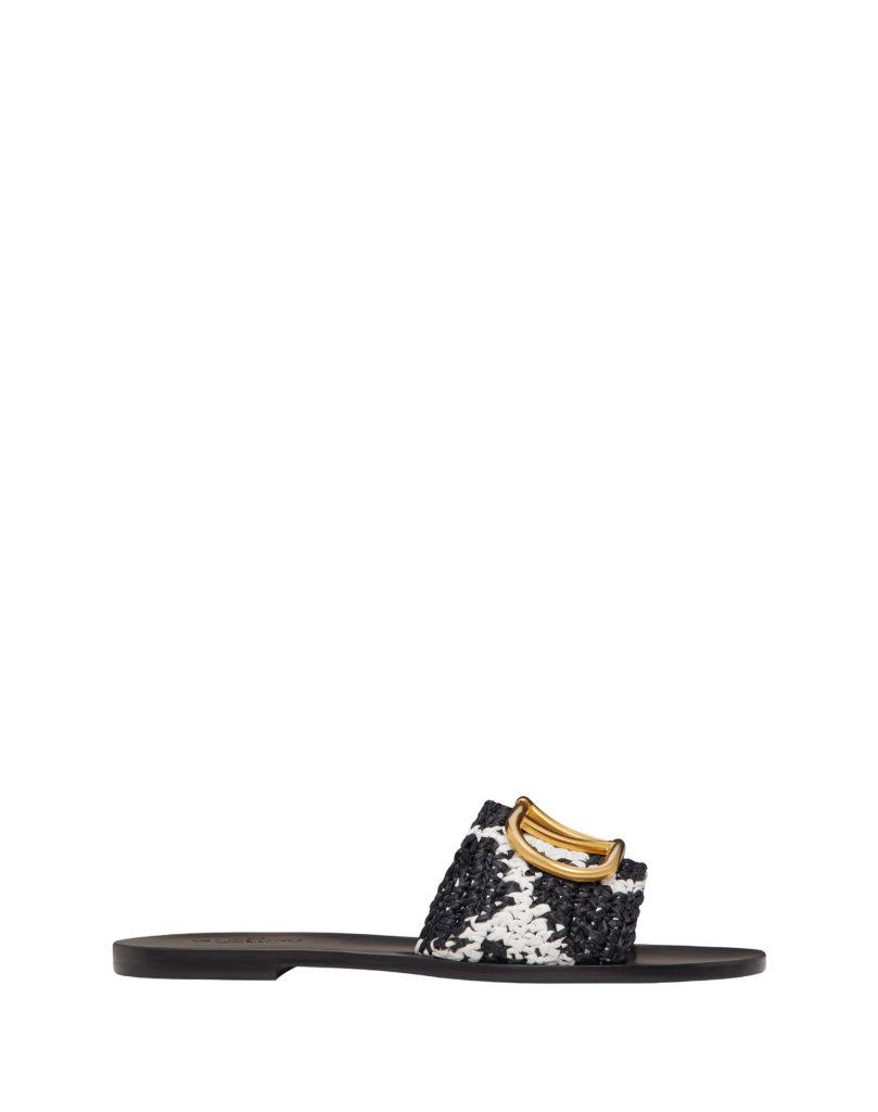 Valentino Raffia Slide Sandal With Giraffa Re-Edition Pattern, $850, Available at Neiman Marcus NorthPark (Courtesy of Valentino)