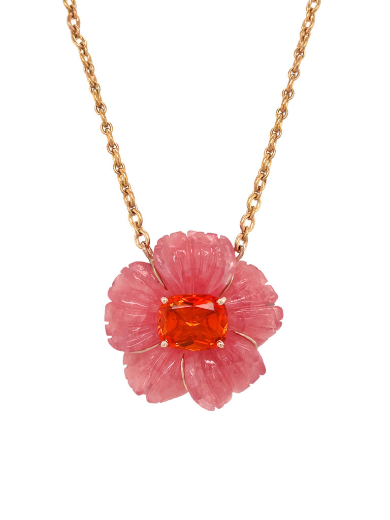 Irene Neuwirth Carved Rhodochrosite and Fire Opal Necklace.
