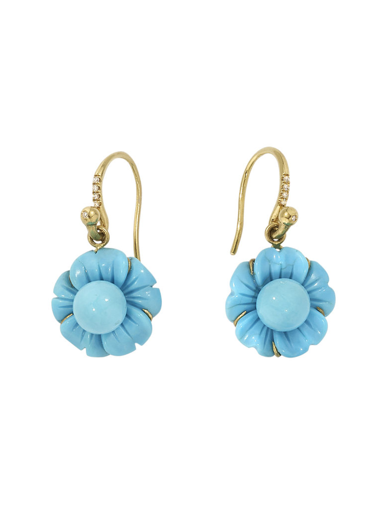 Irene Neuwirth Carved Turquoise Tropical Flower Yellow Gold Drop Earrings.