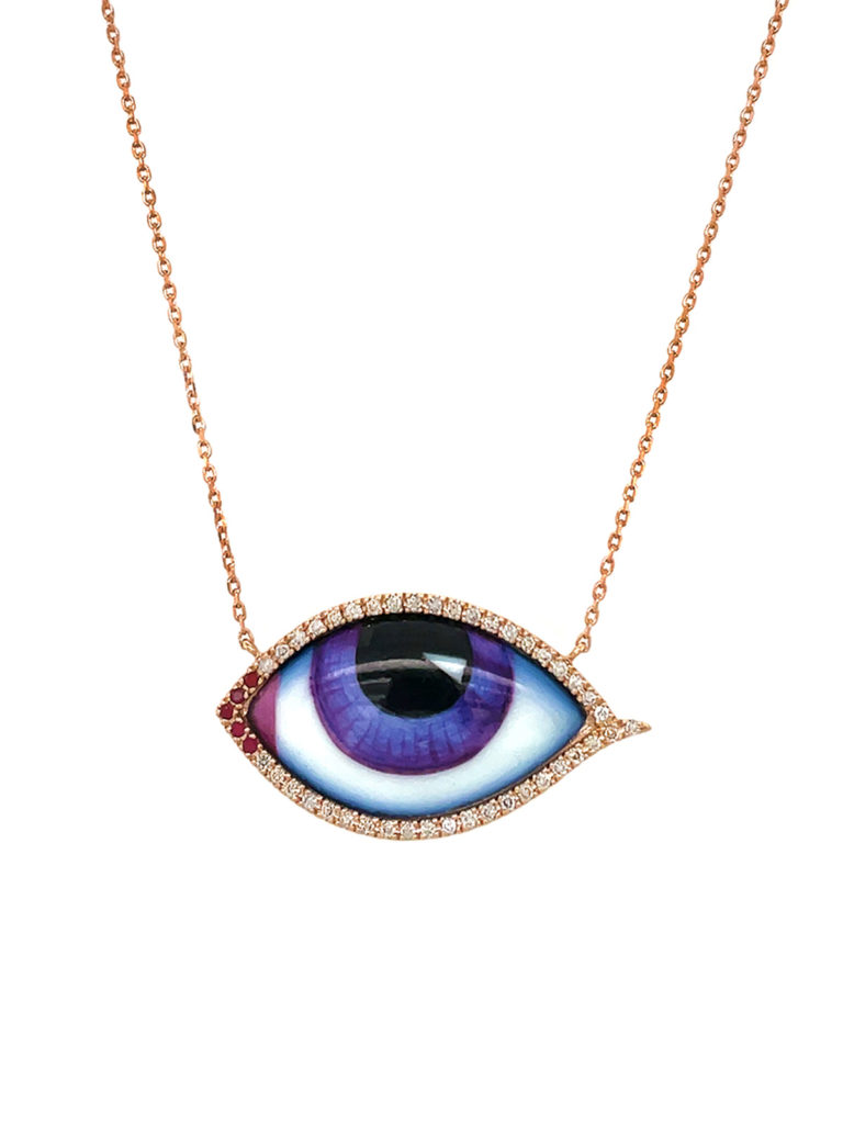 This lucky talisman from Lito Fine Jewelry showcases an evil eye centered with a purple enamel eye.