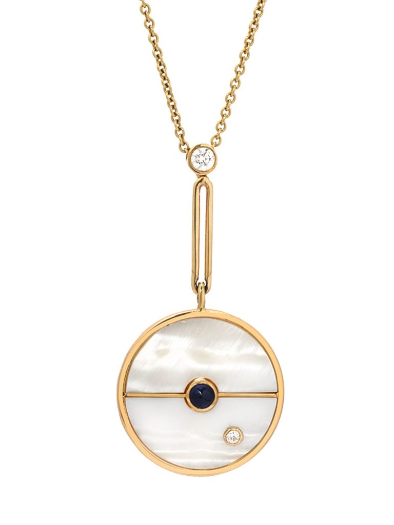 Retrouvaí’s Signature White Mother of Pearl and Blue Sapphire Compass Yellow Gold Pendant Necklace.