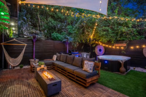 Outdoor entertaining amid a Tulum vibe as the plan for the backyard at the Good Vibes HTX Airbnb.