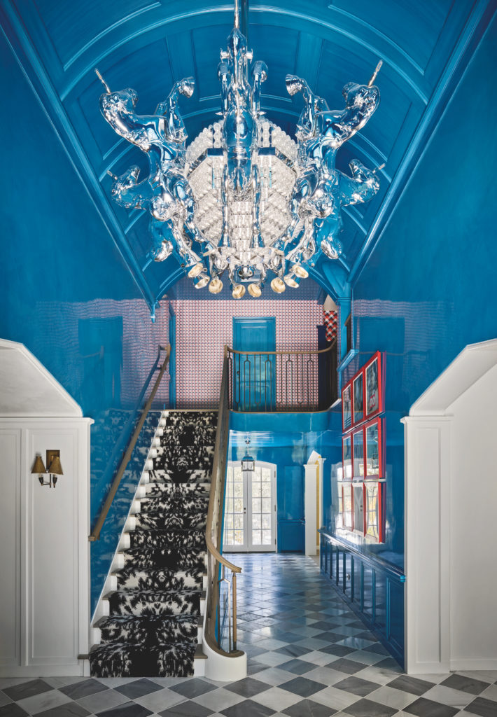 A storybook Tudor estate on five acres in Silicon Valley was built in 1921 as the country estate of a prominent San Francisco family. A century later, it’s been reimagined by Ken Fulk as a full-time family home and injected with a heavy dose of fashion and rock-star details. Woven leather, embossed metal, and high-gloss lacquer live alongside collectible objects and art.  (Photo by Douglas Friedman)