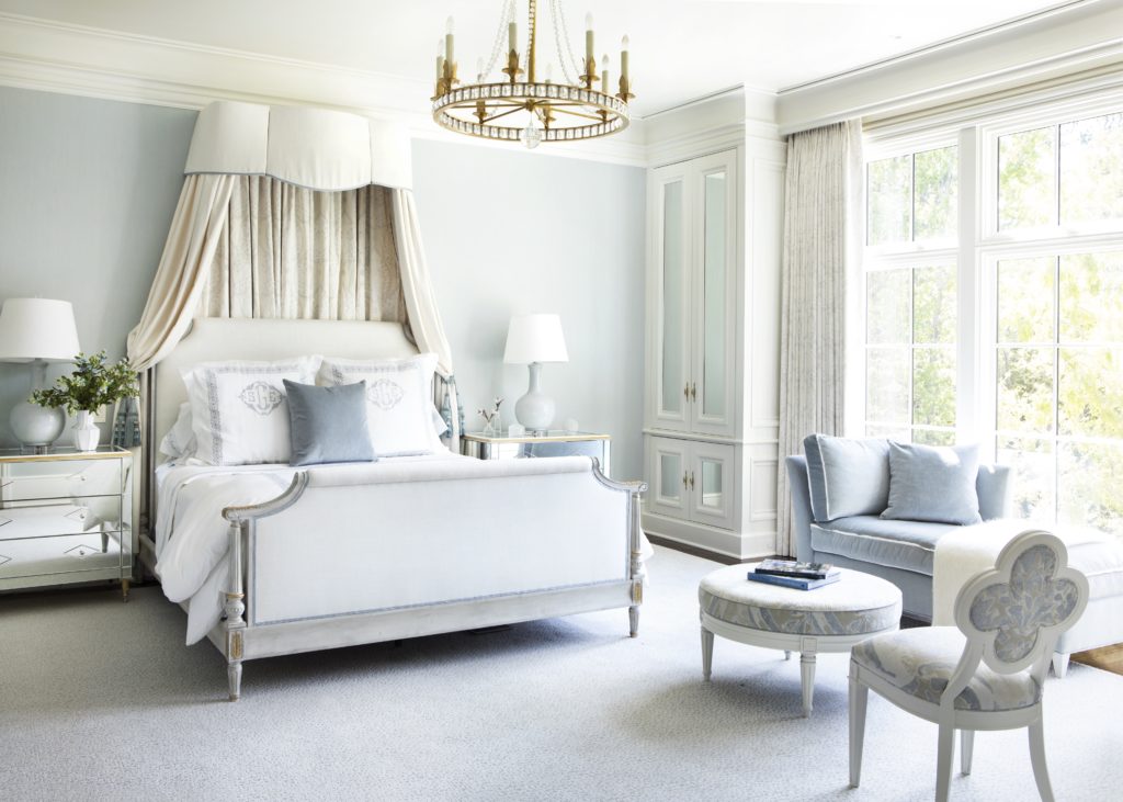 Kasler incorporated pale-blue-painted walls and details to reflect the French architecture of this Atlanta estate, which is situated on a spectacular piece of property in the Tuxedo Park neighborhood of Buckhead. (Photo by Erica George Dines)