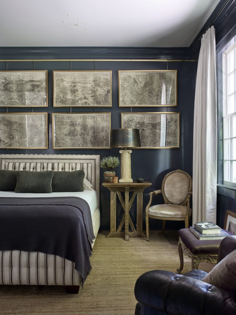 A guest bedroom in Sills' own weekend retreat in New York's Westchester county framed by antique Chinese prints. (Photo by Francesco Lagnese)