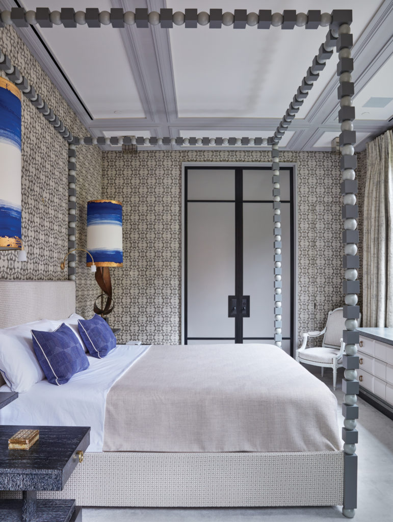 In an Upper East Side townhouse, Jean-Louis blends archetypes of an emblematic townhouse with a neo-industrial look. Custom-designed Jean-Louis Deniot  lacquered wood bed; canopy and headboard covered in Brochier. Nightstands by T.H. Robsjohn-Gibbings. Pair of brutalist lamps by Harry Balmer, lampshades by Anne Sokolsky. Curtains in Lelièvre and Création Baumann

