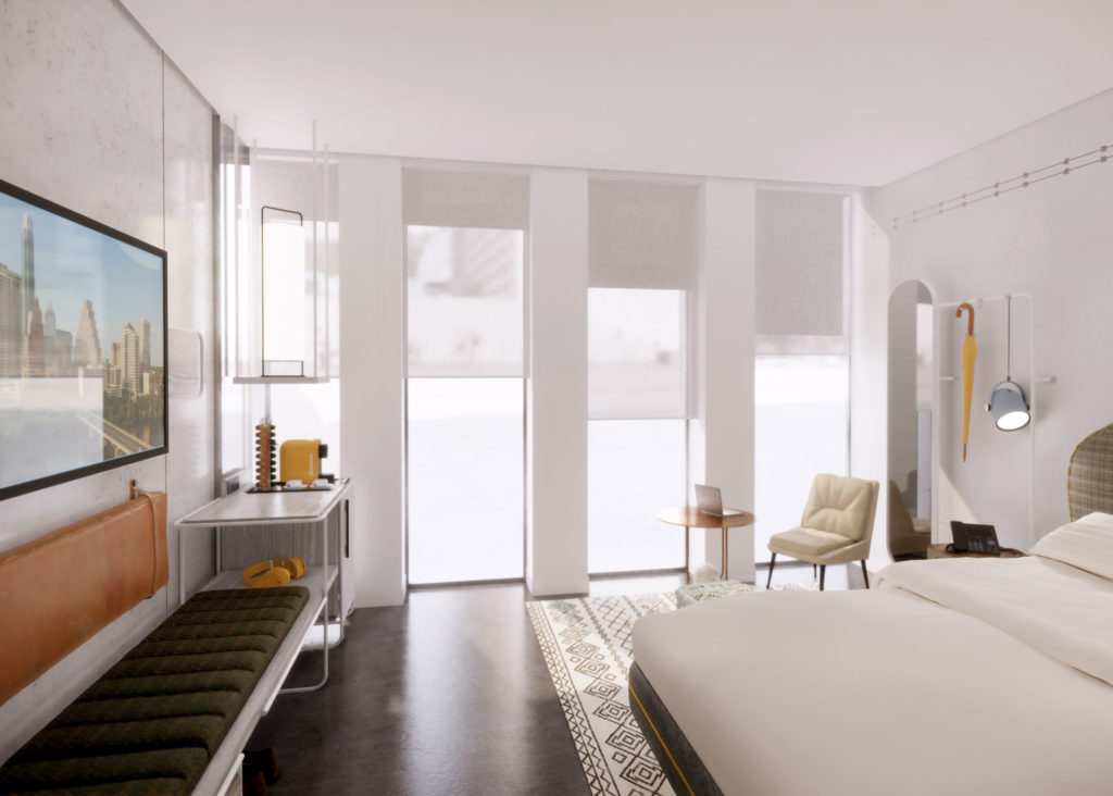 The cutting edge rooms at the soon to open Hyatt Centric Austin are sleek as well as bohemian.