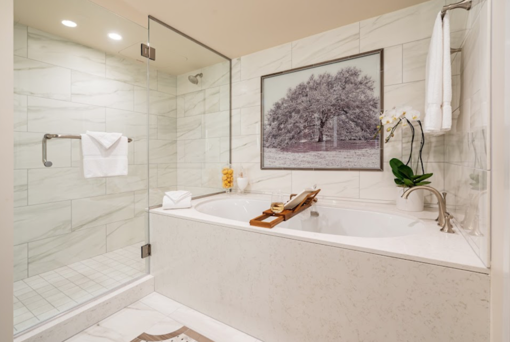 Beautiful baths in the newly renovated guest rooms at The Houstonian Hotel, Club & Spa.