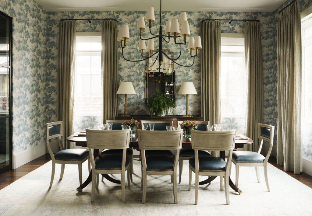 New York-based interior designer Jennifer Hunter selected Sandberg wallpaper, Raphael in Blue for the dining room in the West University home. (Photo by Jack Thompson)