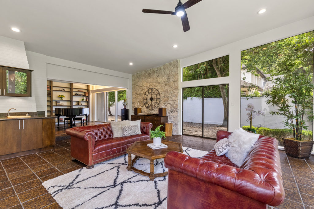 The family room at 503 Timber Terrace Road was added in the late 1970's with respect to the architect's original design motif. (Photo by Nan Studios)