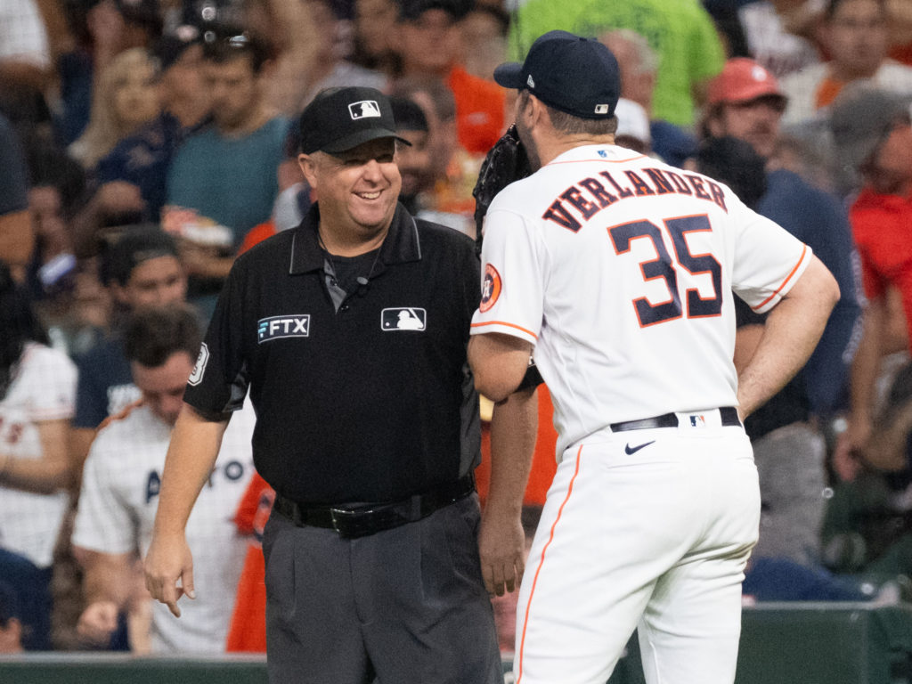 Astros ace Justin Verlander is even having a little fun with the umpires these days. (Photo by F. Carter Smith)