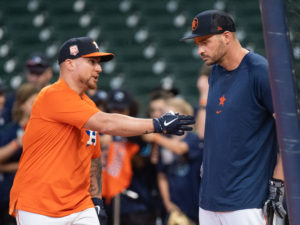 New Astros Trey Mancini and Christian Vazquez work out with the Houston Astros before the face the Boston Red Sox, at Minute Maid Park
