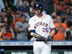 New Astros Trey Mancini and Christian Vazquez work out with the Houston Astros before the face the Boston Red Sox, at Minute Maid Park