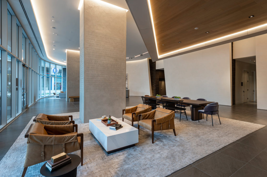 The Brava lobby includes nods to the building's past as a newspaper parking garage.