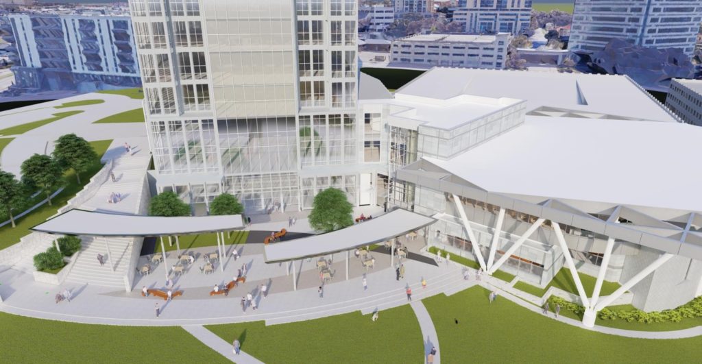 A view of the new city hall with its council chamber addition and Fort Worth's new front lawn. (Rendering courtesy Brinkley Sargent Wiginton Architects).