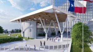 City Hall – The heavy timber roof add interest to the council chamber as well as shade to the patio space. Rendering courtesy BOKA Powell Architects.