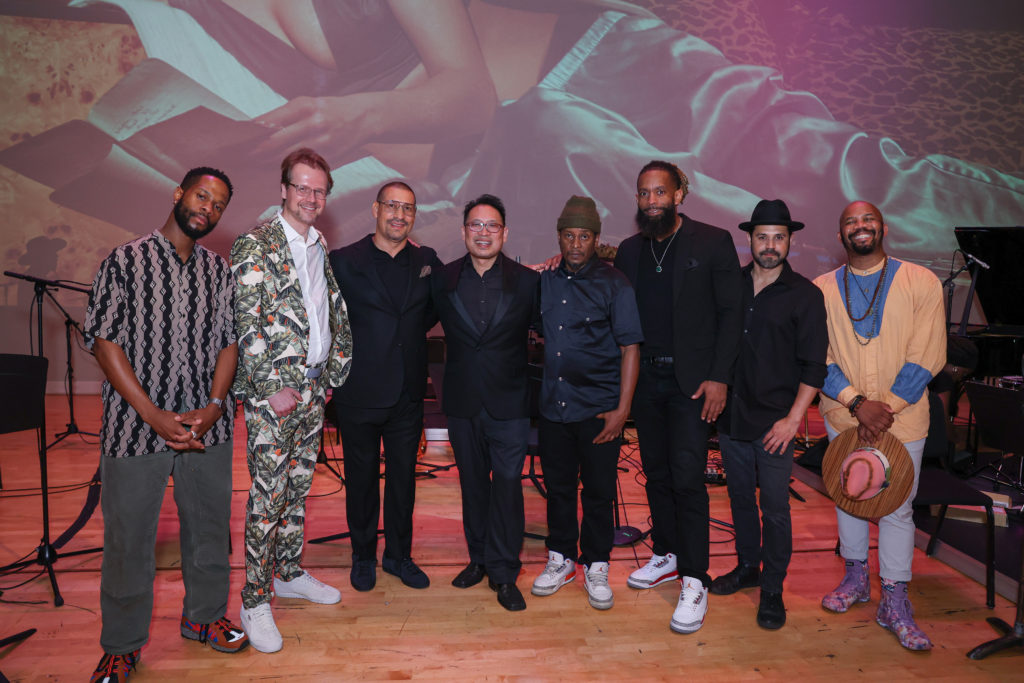 Fat Tony, Steven Matijcio, DJ Sun, Marlon Chen, Chris Dave, Marcus Walker, Tim Ruiz, Houston Poet Laureate Outspoken Bean at the "Loveletter" concert.  (Photo by Johnny Than)