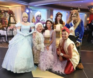 Birthday girl Nicole Lassiter is surrounded by Disney fairy tale characters, courtesy of J&D Entertainment, at her 40th birthday party at Hotel ZaZa Museum District. (Photo by Priscilla Dickson)