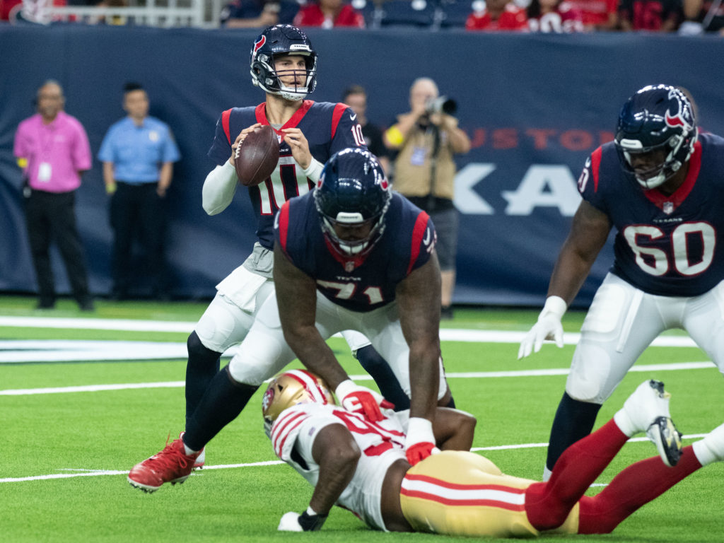 Tytus Howard (No. 71) must help protect Davis Mills. (Photo by F. Carter Smith)