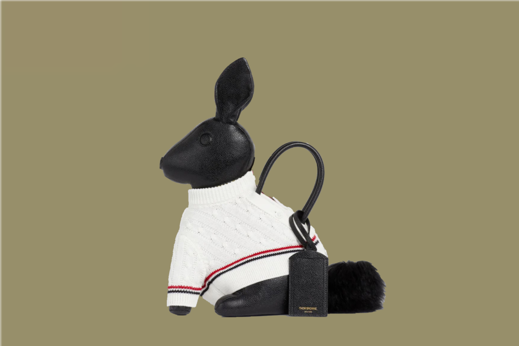 Thom Browne Black Pebbled Calfskin Cotton Aran Cable Sweater Rabbit Bag ($3,900), available at select Thom Browne boutiques and on ThomBrowne.com