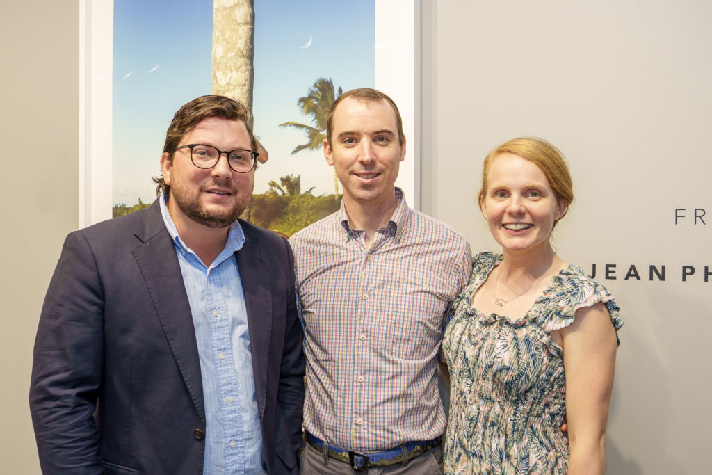 Tyler Horne, John & Lindsay Socha at Urban Harvest's Cultivators launch event at Christopher Martin Gallery.