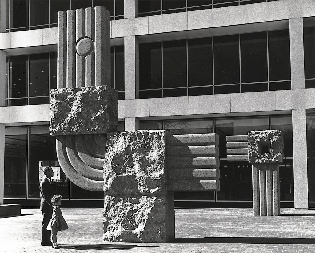 The plaza has been home to Noguchi sculpture ever since the building opened in 1961. Photo courtesy First on 7th.