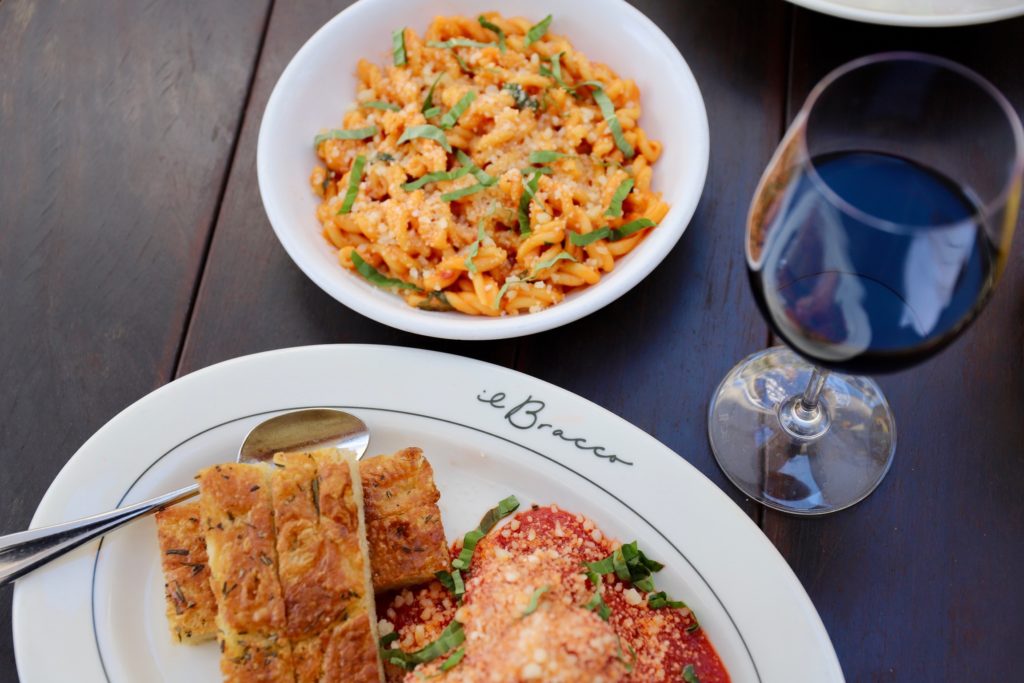 Spicy Gemelli pasta, made with house-made pasta noodles, is a signature on the il Bracco menu. The meatballs are served with spears of focaccia bread.   (Photo courtesy of il Bracco)