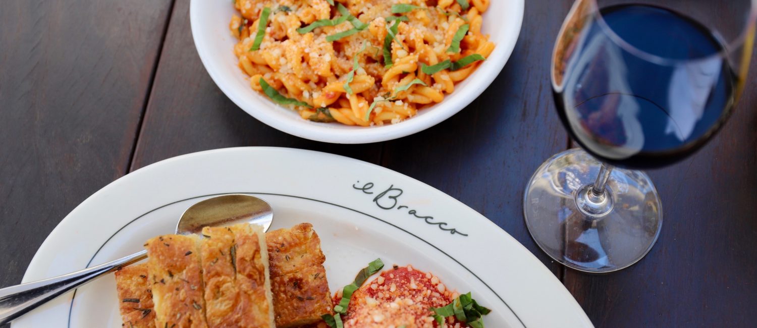 Spicy Gemelli pasta, made with house-made pasta noodles, is a signature on the il Bracco menu. The meatballs are served with spears of focaccia bread.   (Photo courtesy of il Bracco)