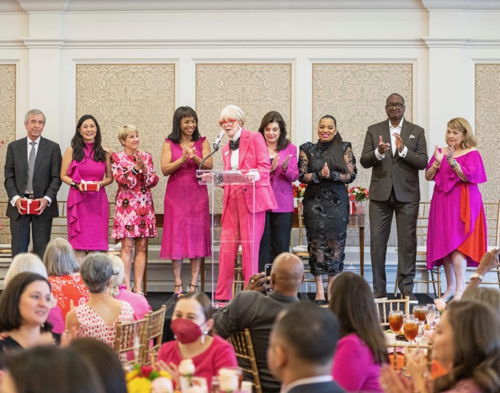 The American Cancer Society Tickled Pink luncheon honorees Dr. Vincent Valero, Terri Wang, Donna Lewis, chair Gina Gaston Elie, emcee Leisa Holland-Nelson Bowman, honorees Laura Ward, Shawntell McWilliams, Mathew Knowles, Marilu Garza  (Photo by Fulton Davenport)