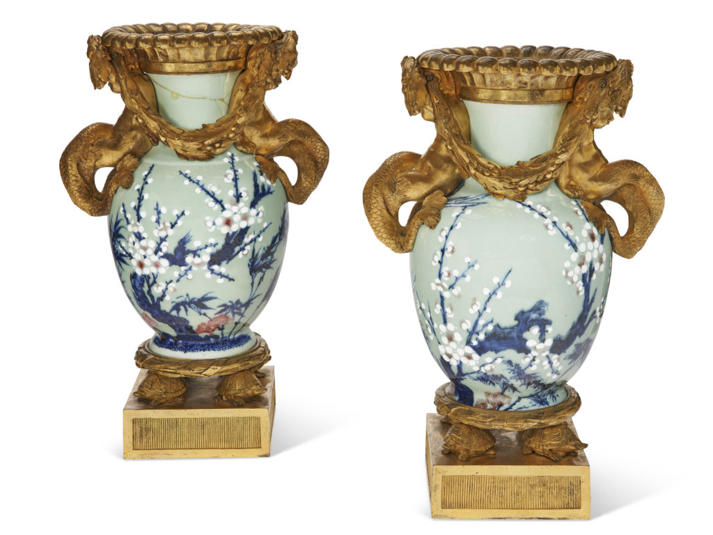 A Pair of Louis XVI Ormolu-Mounted Chinese Celadon Porcelain Vases