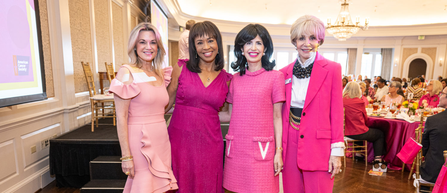 The American Cancer Society Tickled Pink luncheon honorees Dr. Vincent Valero, Terri Wang, Donna Lewis, chair Gina Gaston Elie, emcee Leisa Holland-Nelson Bowman, honorees Laura Ward, Shawntell McWilliams, Mathew Knowles, Marilu Garza (Photo by Fulton Davenport)