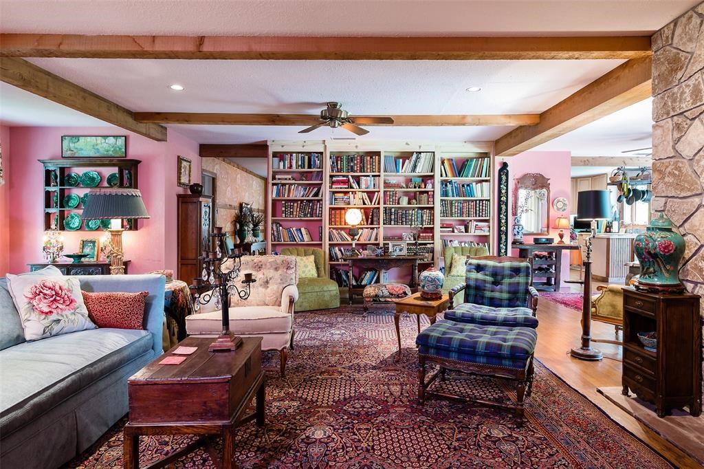 Beamed ceilings in the study. 