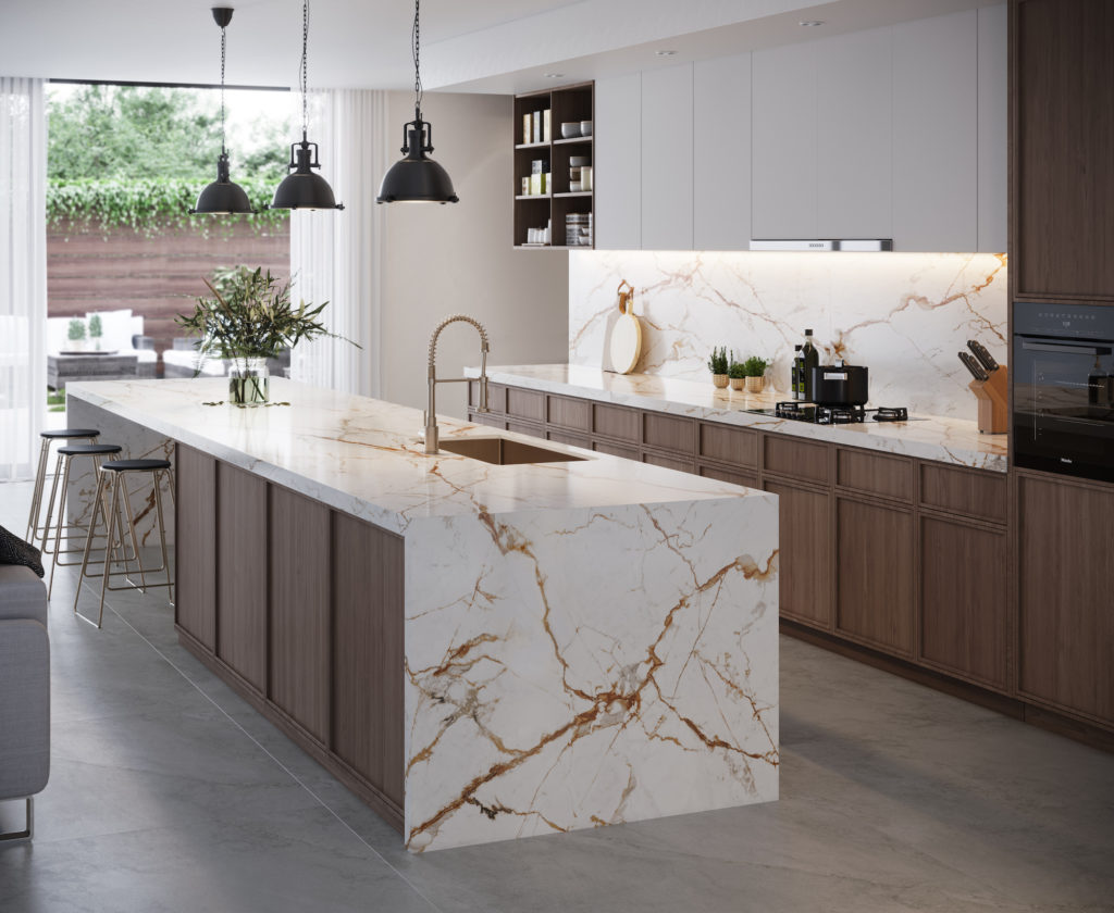 Dekton Onirika, one of eight designs Nina Magnon created for Cosentino's carbon neutral, sustainable surface easily confused with marble and appropriate for every room in the house.