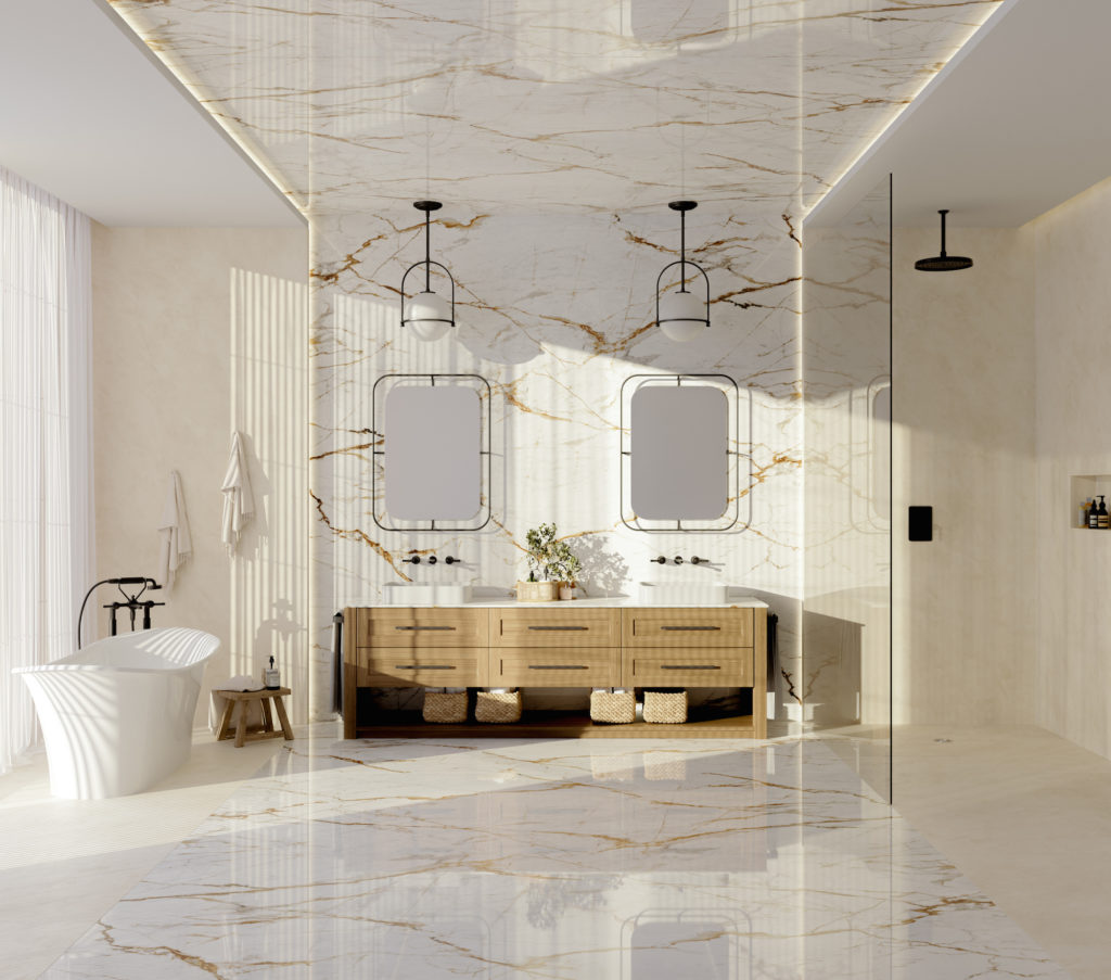 Dekton Onirika, one of eight designs Nina Magnon created for Cosentino's carbon neutral, sustainable surface easily confused with marble and appropriate for every room in the house. 