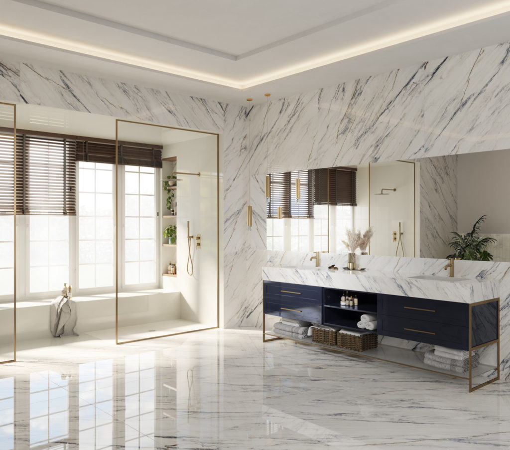 Dekton Onirika, one of eight designs Nina Magnon created for Cosentino's carbon neutral, sustainable surface easily confused with marble and appropriate for every room in the house. 