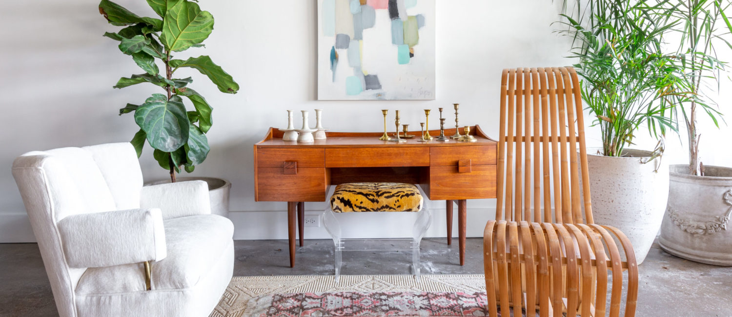 Vintage furnishings in the Mary Patton Design shop have been reimagined and reupholstered for new beginnings. The shop opens to the public in early January.