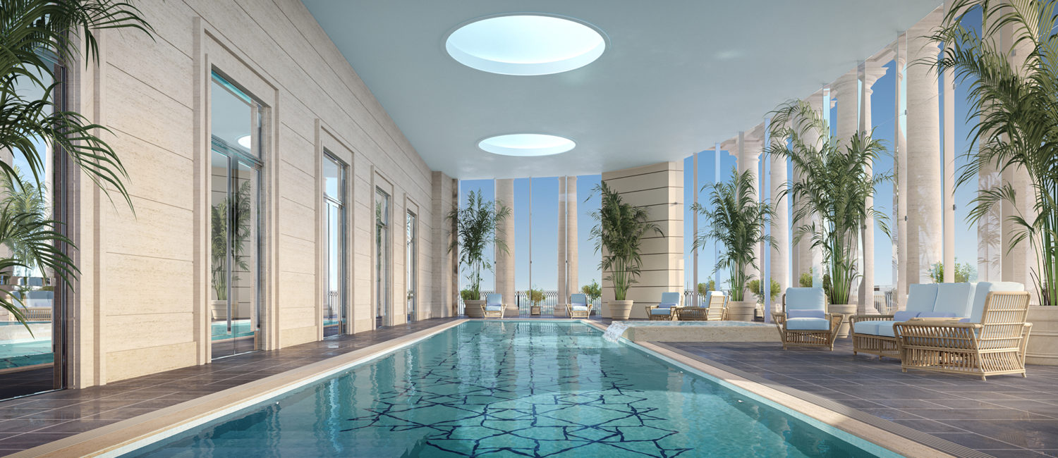 Interior view of the European spa-inspired pool atop 1661 Tanglewood.