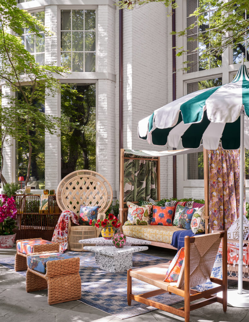 Saturated colors and vivid patterns in this Outdoor Terrace by Isabel Ladd Interiors play together like a Brazilian carnival — loud, vibrant, and unapologetic. (Photo by Nathan Schroder)