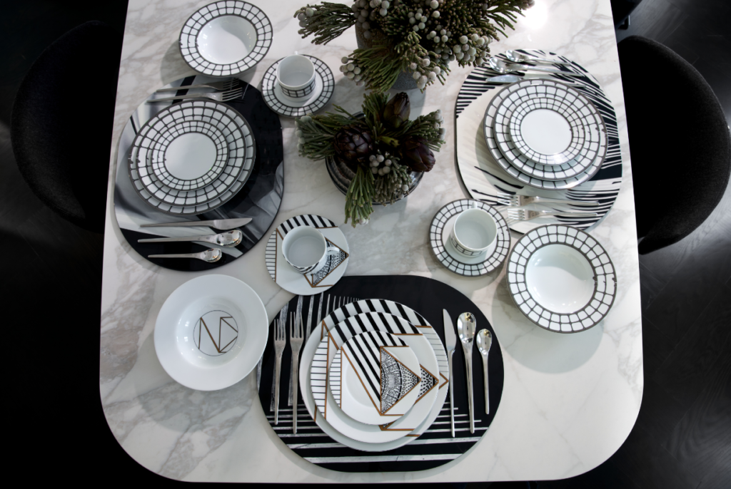 Nina Magon dinner ware and place mats created for her home collection, exclusive to Bergdorf Goodman.