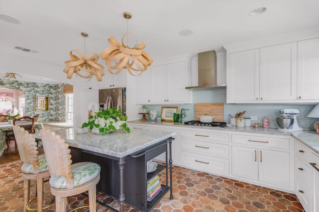 Terracotta tile floor conceals most spills. 