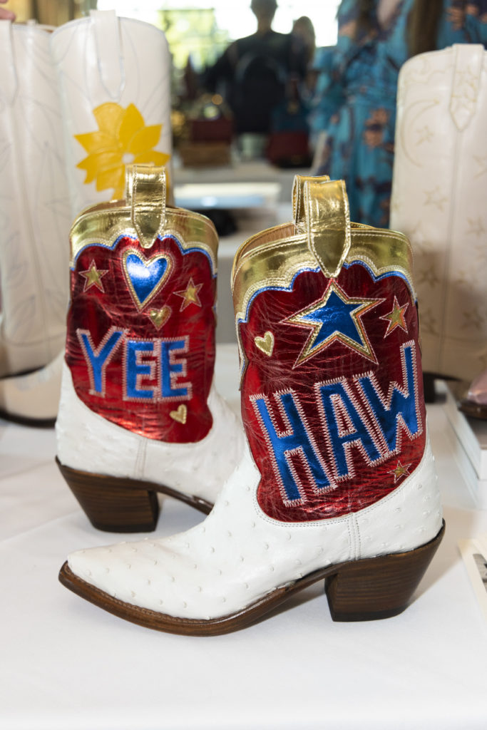 Miron Crosby luxury cowboy boots at the Desert Rose Patron Party at River Crest Country Club in Fort Worth, Texas on October 5, 2022. (Photo by Sharon Ellman)