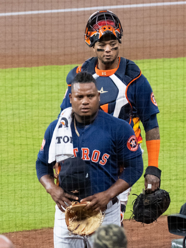 Houston Astros catcher Martin Maldonado and starter Framber Valdez are a good pairing. (Photo by F. Carter Smith)