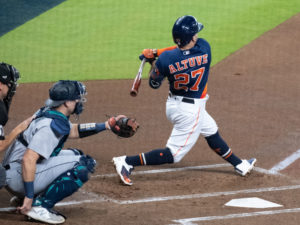 Houston Astros Yordan Alvarez hits a go-ahead  2-run home run in the 6th inning en route to  a win over the Seattle Mariners 4-2 in Game Two of the American League Division Series Thursday at Minute Maid Park