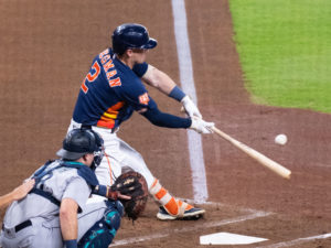 Houston Astros Yordan Alvarez hits a go-ahead  2-run home run in the 6th inning en route to  a win over the Seattle Mariners 4-2 in Game Two of the American League Division Series Thursday at Minute Maid Park