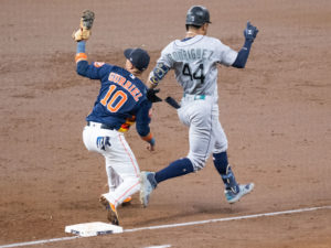 Houston Astros Yordan Alvarez hits a go-ahead  2-run home run in the 6th inning en route to  a win over the Seattle Mariners 4-2 in Game Two of the American League Division Series Thursday at Minute Maid Park